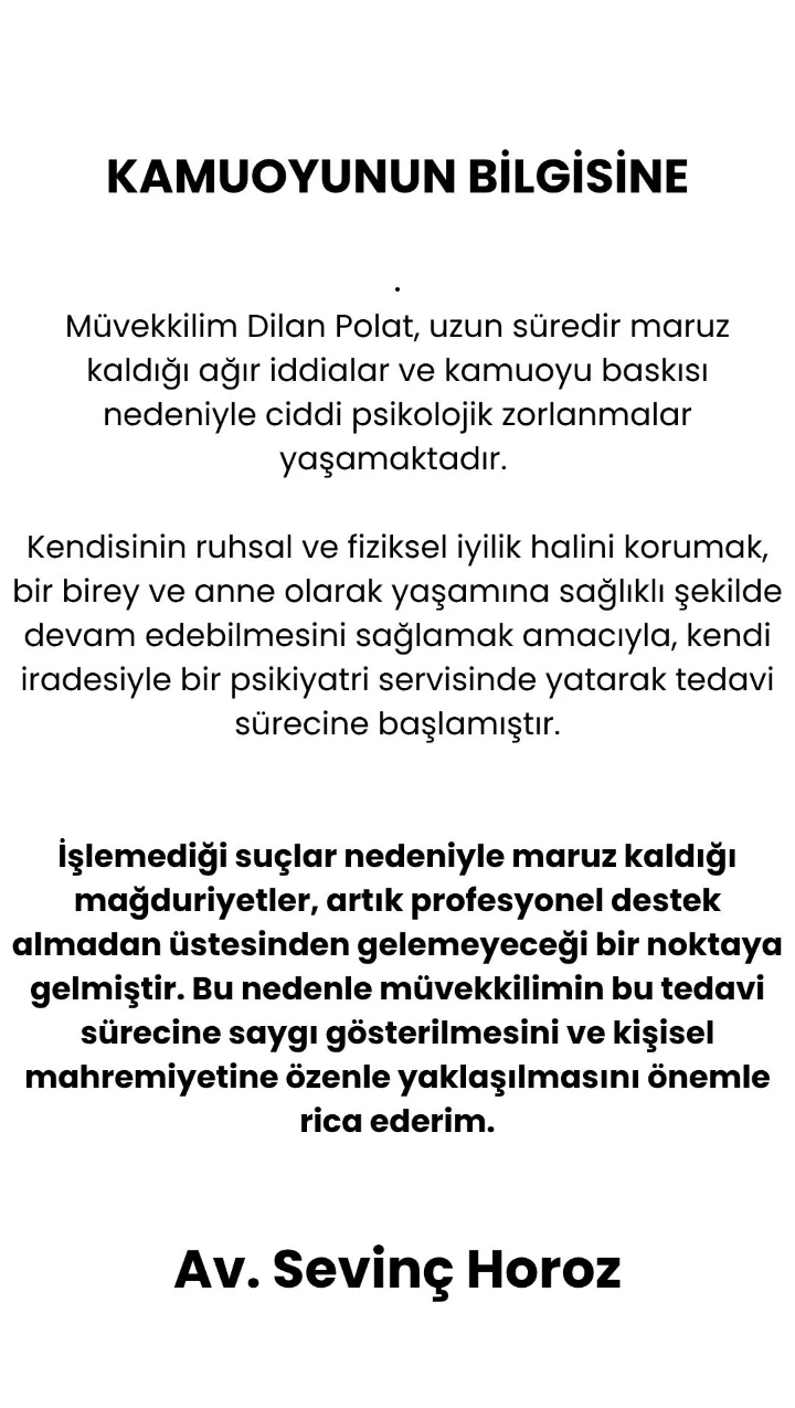 Avukatı açıkladı: Dilan Polat kendi isteğiyle psikiyatri servisine yattı