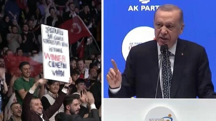 Erdoğan, salonda kendisi i&ccedil;in a&ccedil;ılan pankarta karşı &ccedil;ıktı: Benim i&ccedil;in s&ouml;ylemiyorsun değil mi?