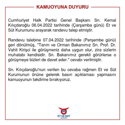 Et ve S&uuml;t Kurumu'ndan Kılı&ccedil;daroğlu'na yanıt